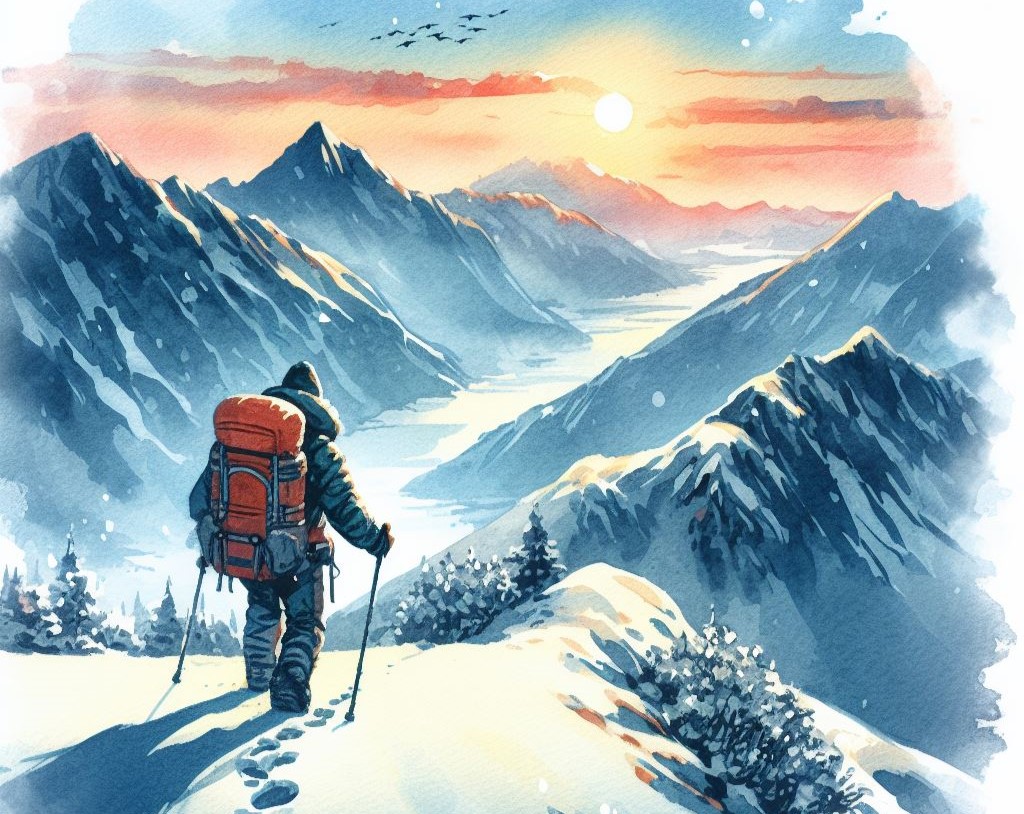 Adventurer climbing a snowy mountain