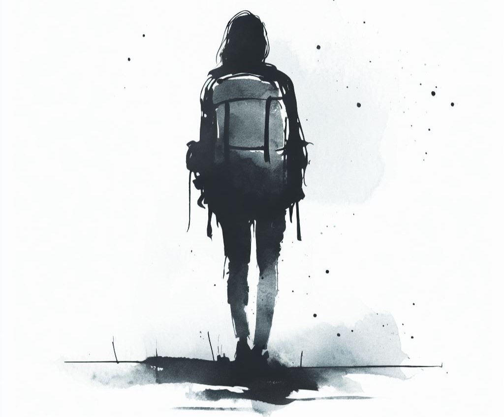 Minimalistic artwork of a person backpacking