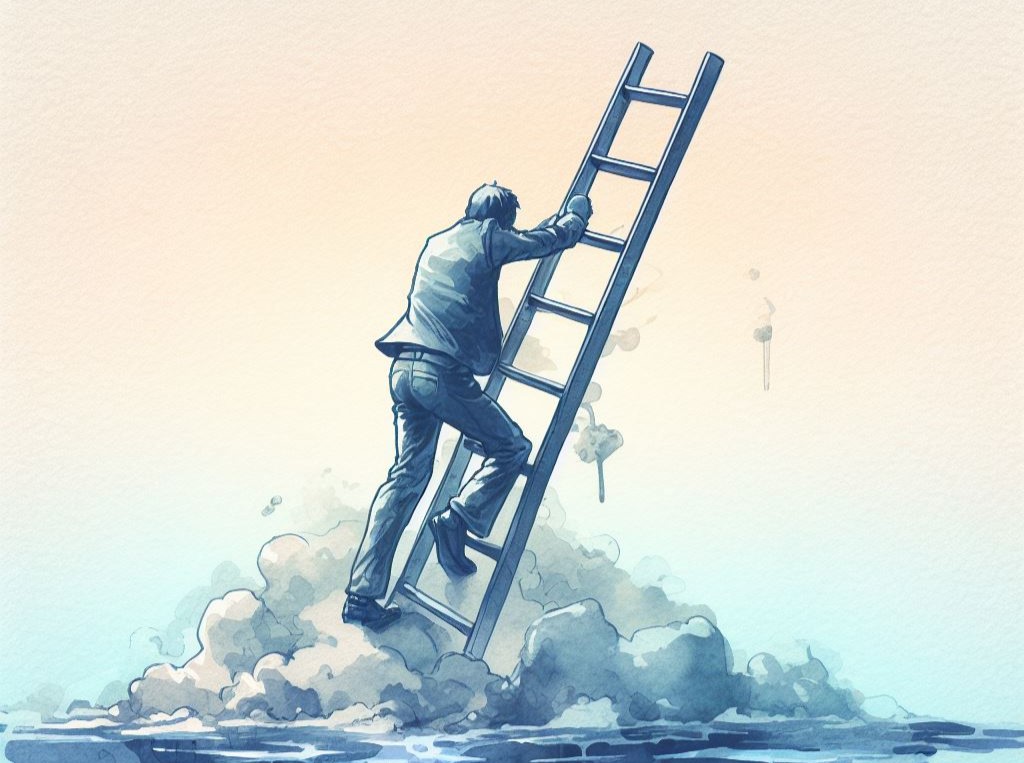 Person climbing a ladder to nowhere