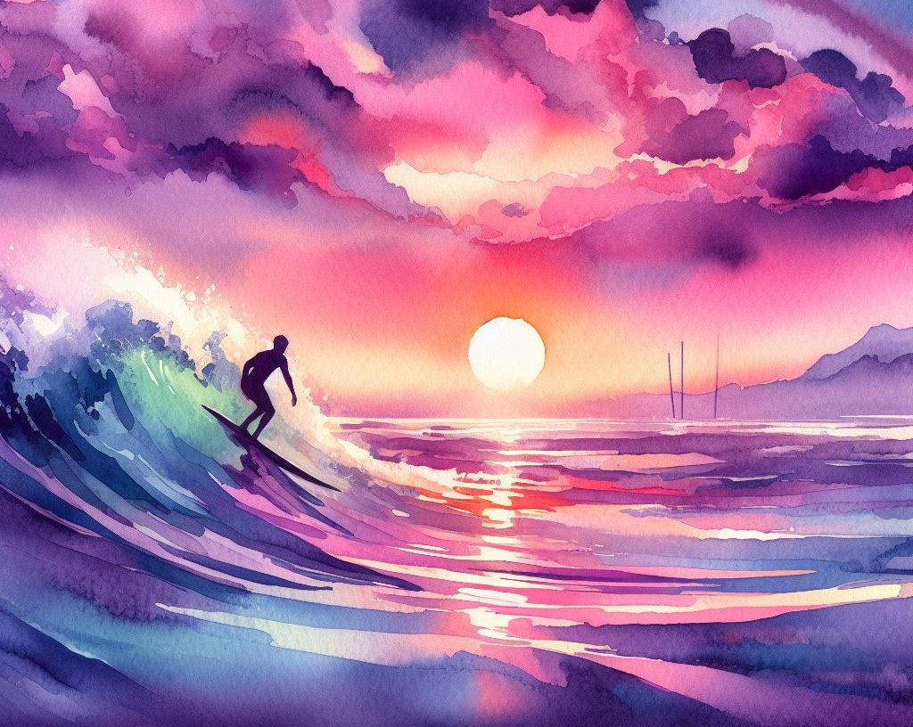 Person surfing during sunset artwork