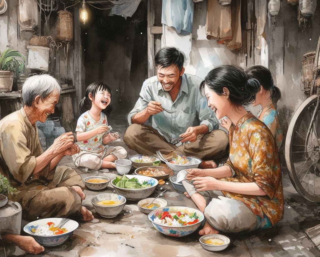 Poor Vietnamese family eating dinner on the floor and laughing together