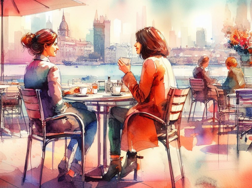 Two women having a conversation at a cafe