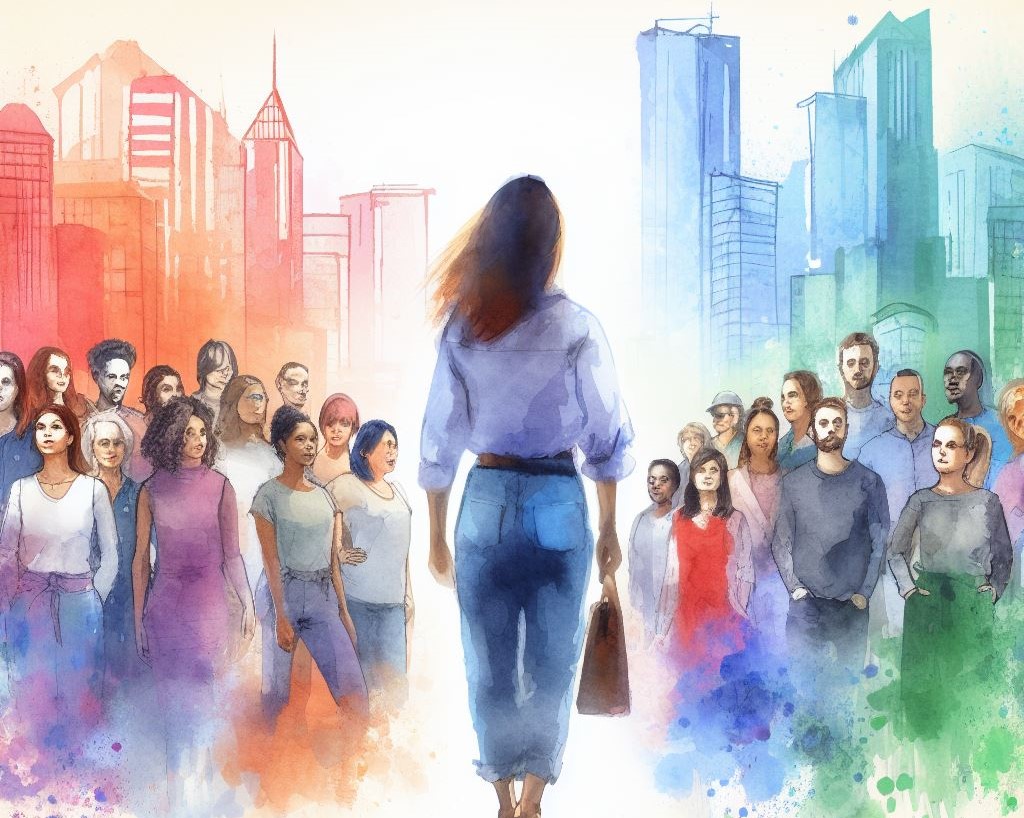 Woman walking through a crowd water color